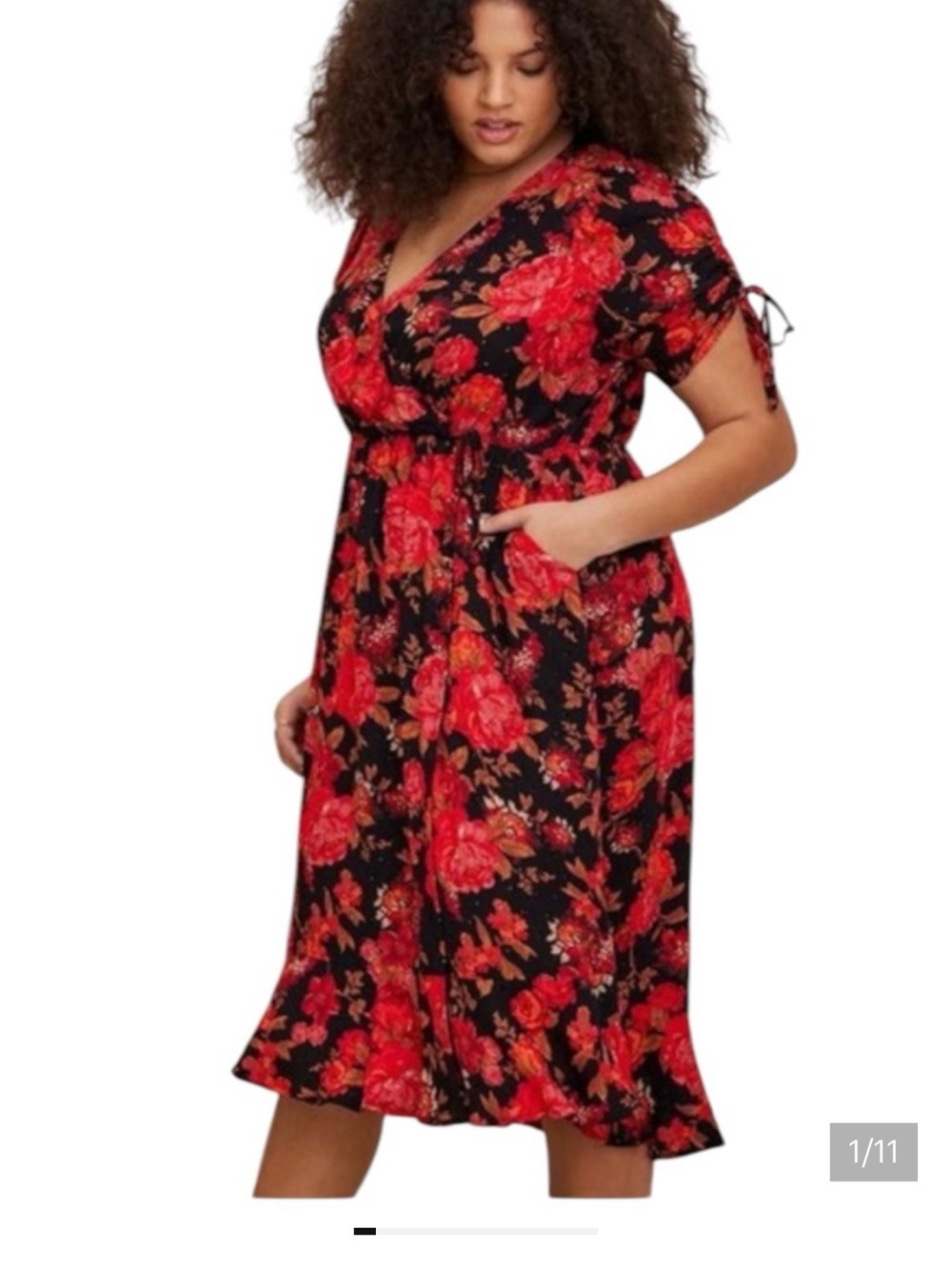 torrid Black and Red Floral Midi Dress with Tie Sleeves
